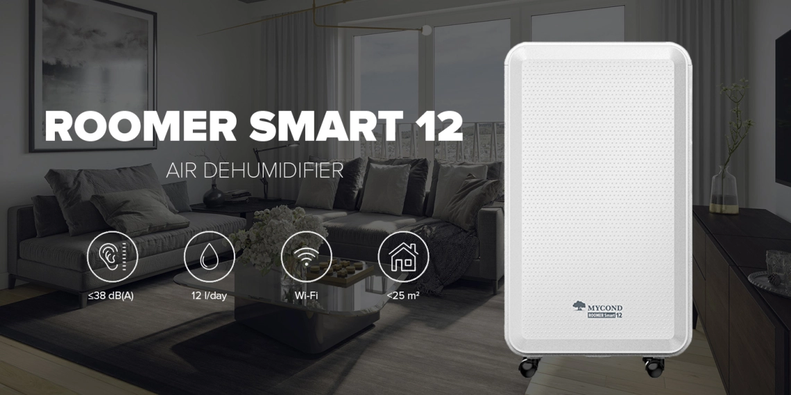 MyCond kompaktne Roomer Smart 12 õhukuivati, mis on mõeldud eluruumide siseruumides kasutamiseks.