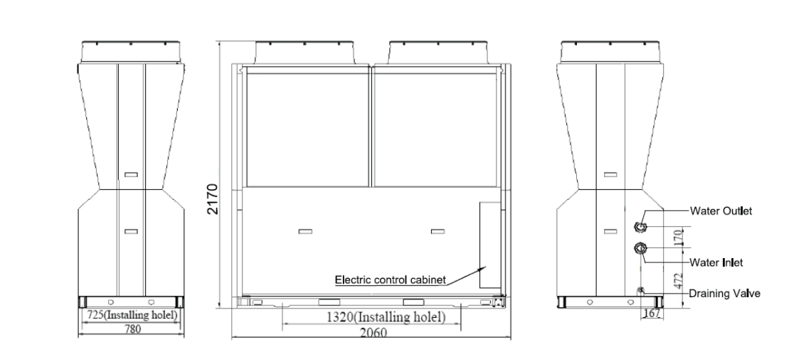 Mycond Inverter Pro MCU-065YHDD mõõtmete skeem.