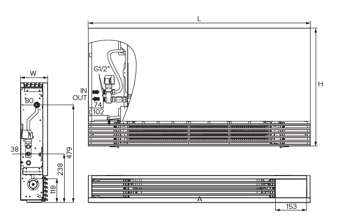 MyCon Silent Diagramm, mis näitab silent-seeria põrandal seisvate ventilaatorite mõõtmeid.