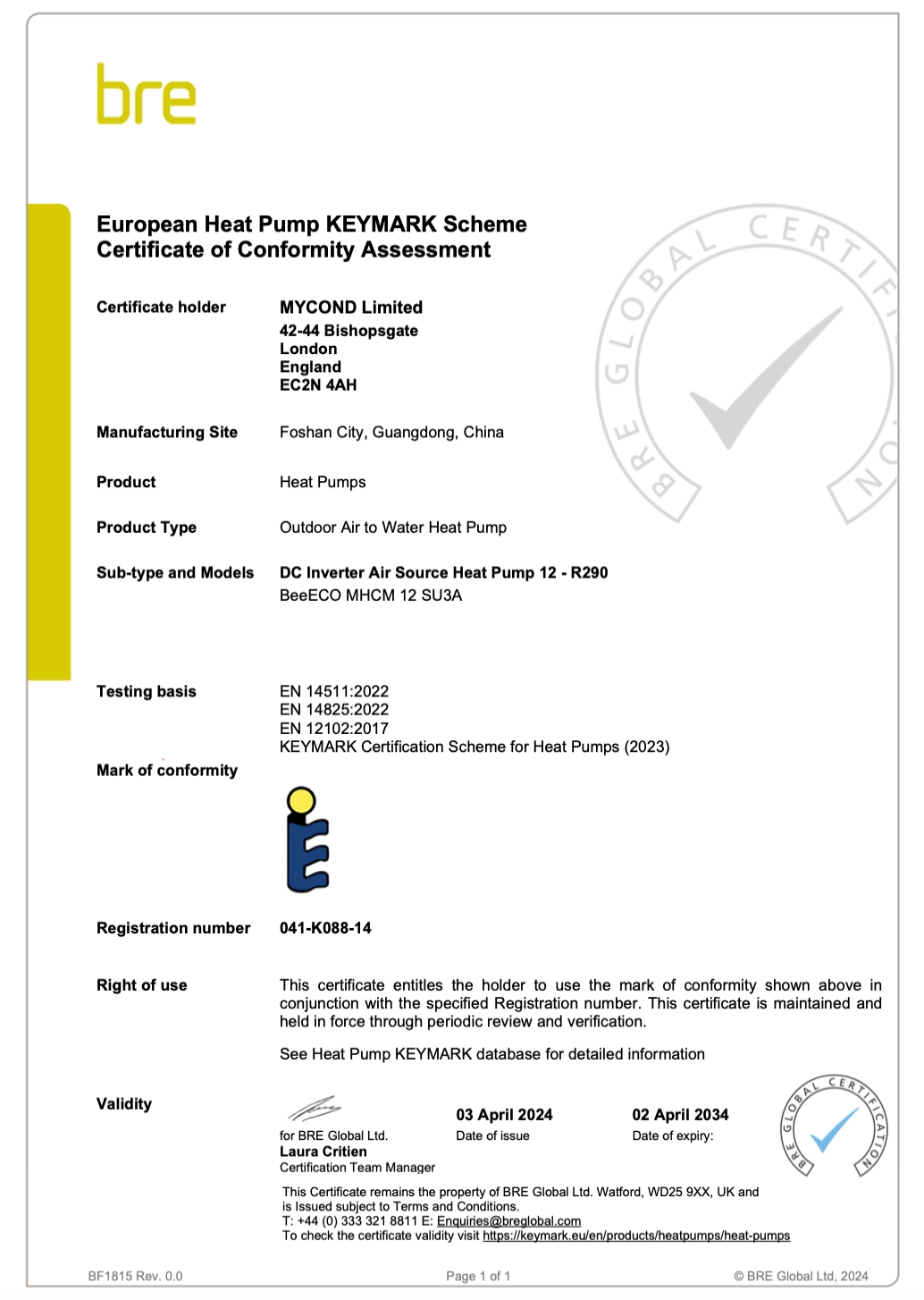 Mycond BeeEco vastavussertifikaat KEYMARK