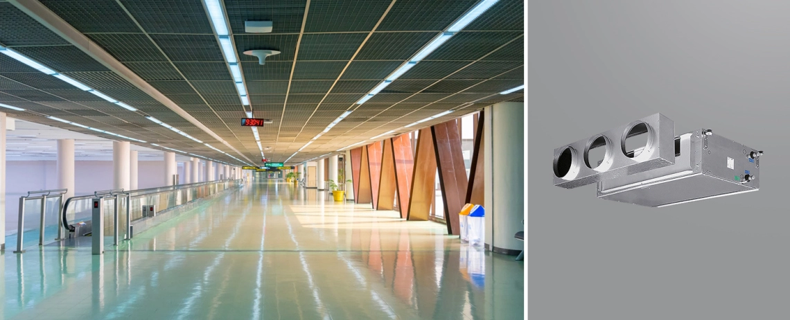 MyCond DFCL Kõrge ESP-kanaliga ventilaatorikontuuriga seade, mis on paigaldatud lennujaama.