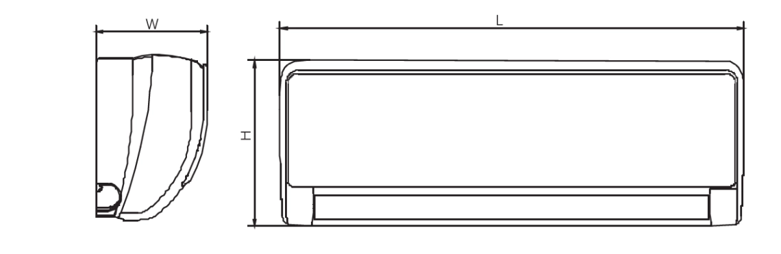 MyCond Diagramm, millel on näidatud MHW-seeria seinale paigaldatavate ventilaatorite mõõtmed.