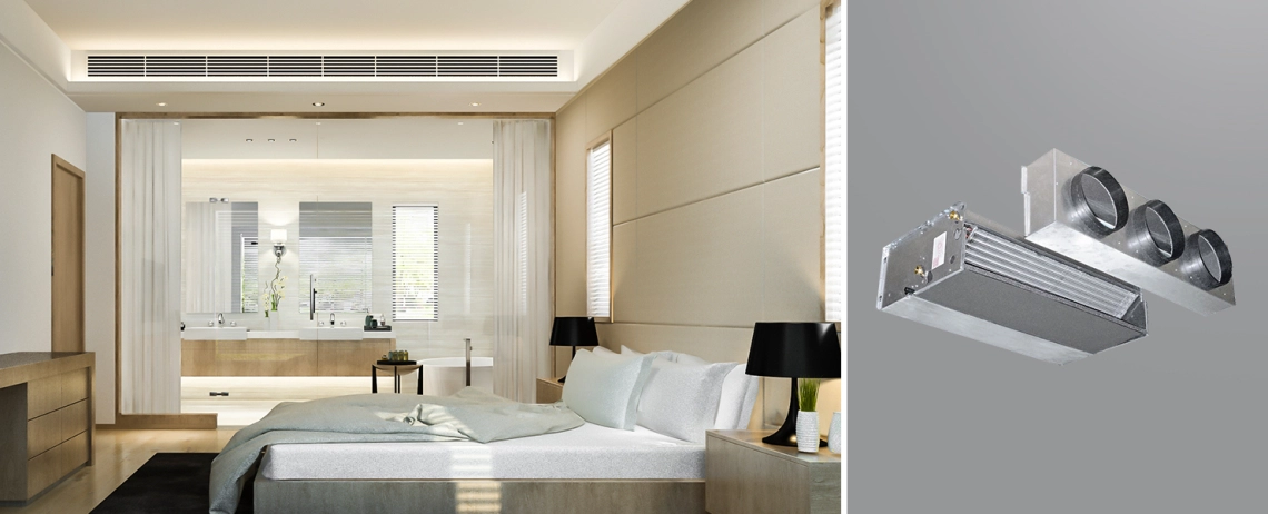 MyCond HPL Kaasaegne hotellituba, milles on keskmise ESP-kanaliga ventilaatoriga soojuspuhasti.