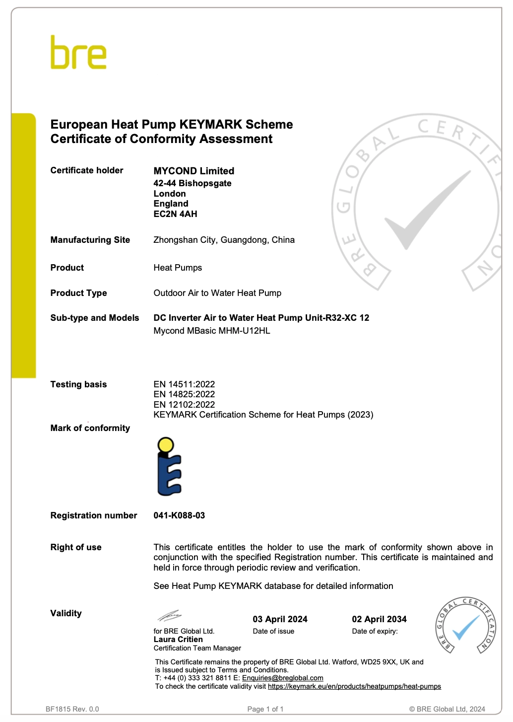 MyCond MBasic vastavussertifikaat KEYMARK
