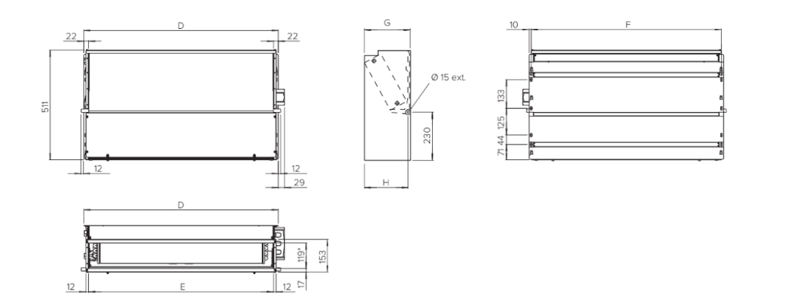 MyCond SEC/F Diagramm ventilaatorikontuuri mõõtmete kohta kütte ja jahutuse reguleerimiseks.