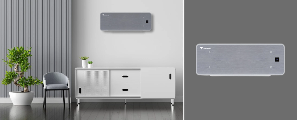 MyCond Silver Glass Wall Ultra-õhuke ventilaatorikontor hõbedase klaasist disainiga ja intuitiivsete juhtimispunktidega.